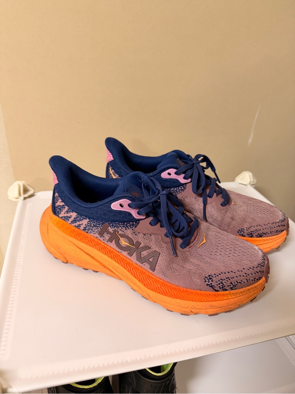 Hoka Navy & Pink Sneakers with Bright Orange Sole